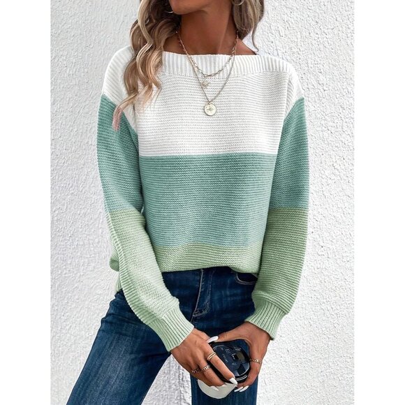 Women's Green Long Sleeve Crew Neck Color Block Fall Fashion Pullover Sweaters - Picture 3 of 6